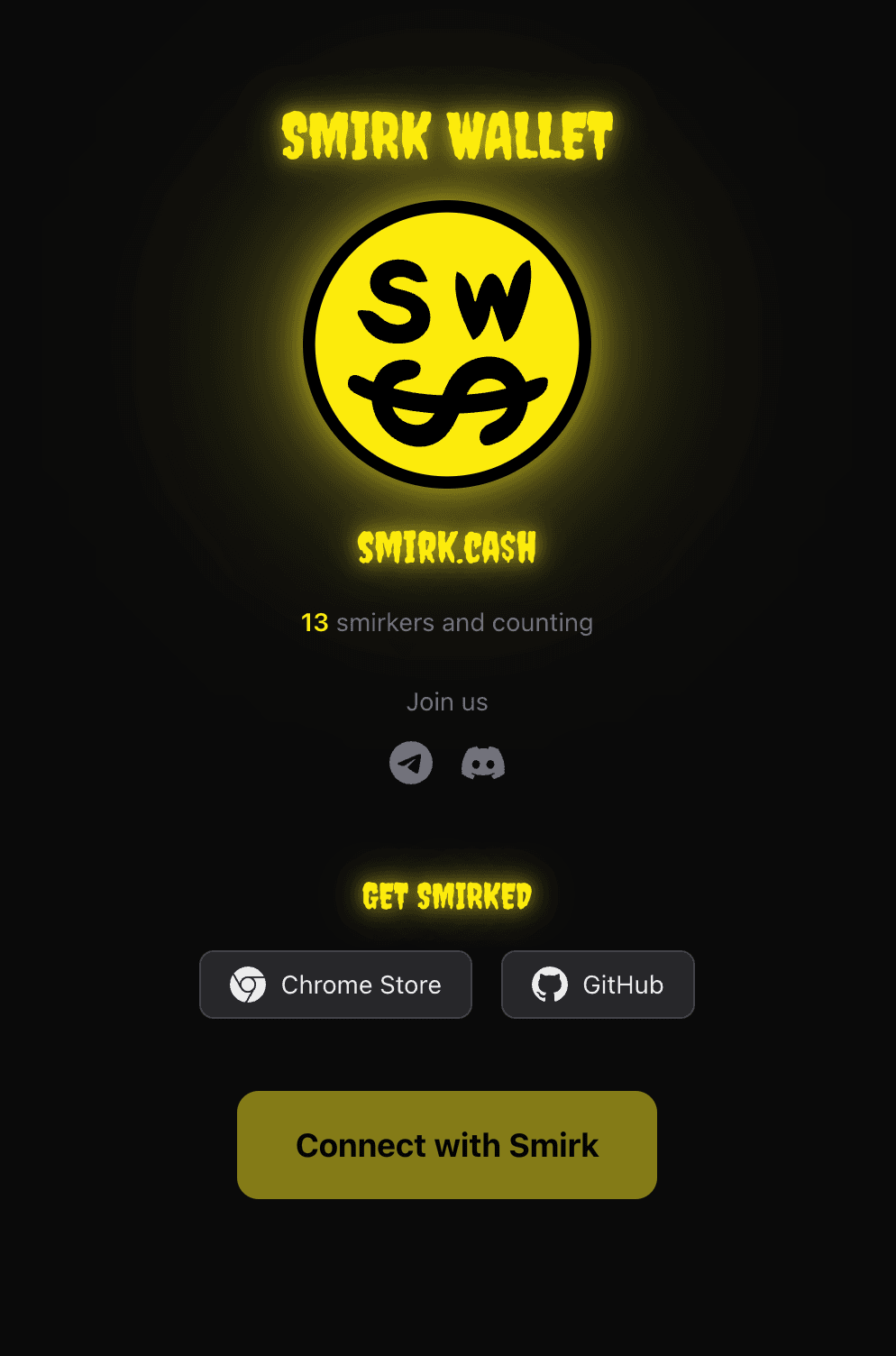 Screenshot of Smirk Wallet browser extension showing multi-currency support for BTC, LTC, XMR, WOW, and GRIN