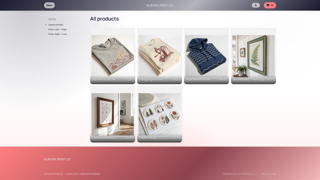 Aurora Print (merch): Dense catalog with overlay cards