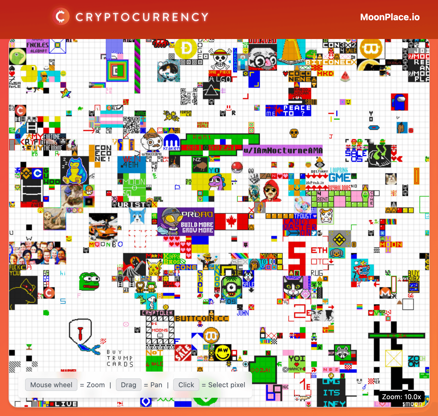 Screenshot of MoonPlace collaborative pixel art canvas showing colorful community-created artwork