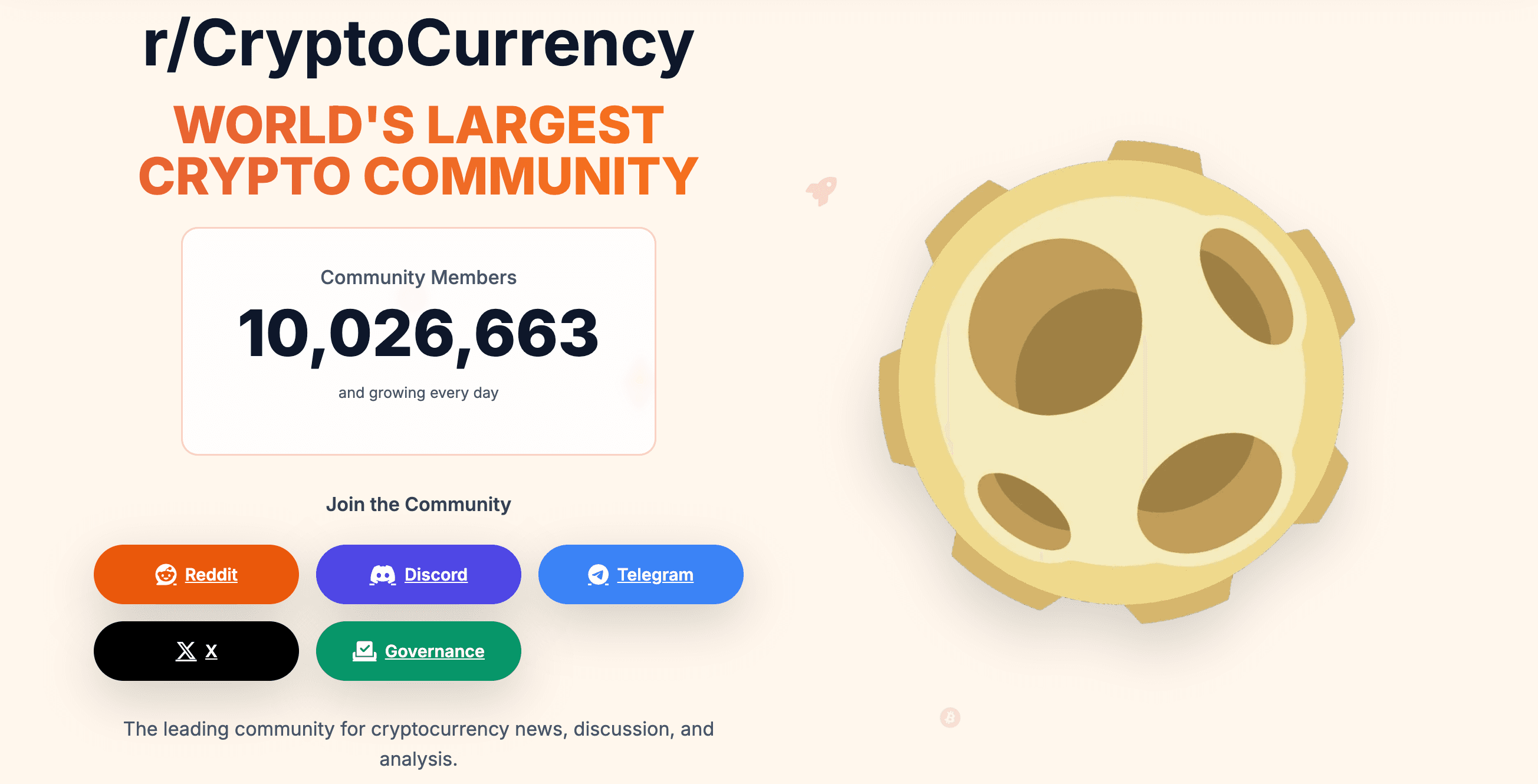Screenshot of r/CryptoCurrency subreddit homepage showing over 10 million subscribers, community links, and a cartoon moon mascot